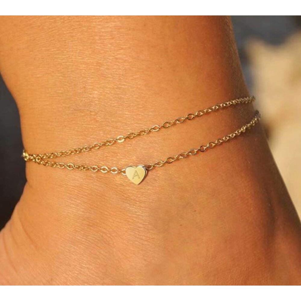 Heart Initial Ankle Bracelets for Women, 14K Gold Filled Handmade, T Inscribed - Picture 3 of 4